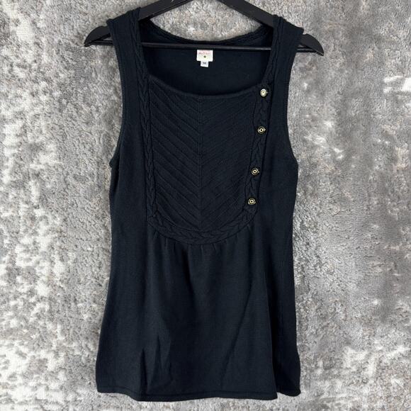 Lauren Moffatt Size M Linen Silk Button Square Neck Top Black Sleeveless - Picture 1 of 7